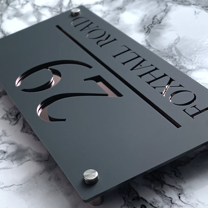 Majestic House Number Sign Modern Style Door Name Plaque - Grey and Rose Gold Font (CENTRED TEXT)