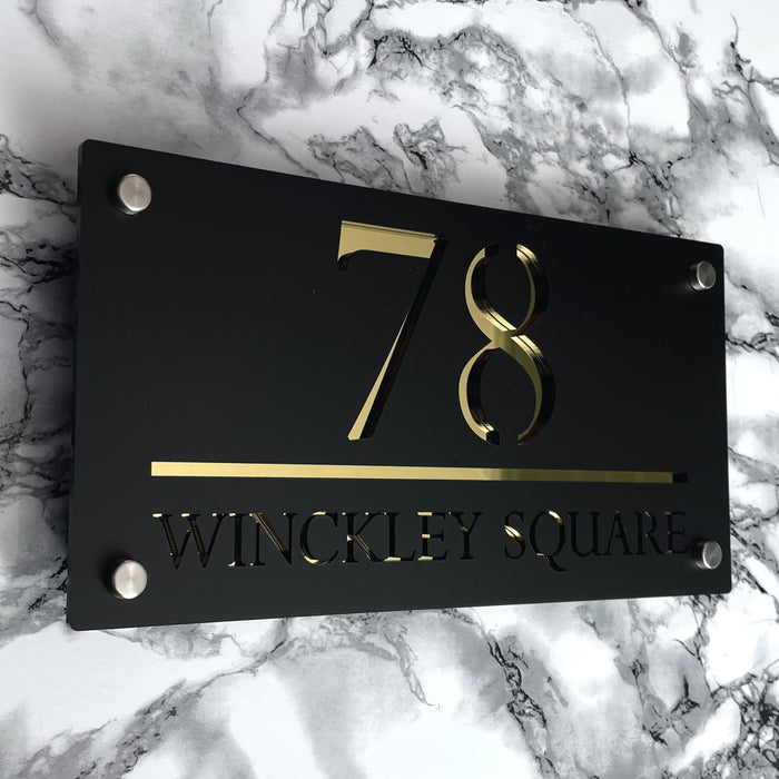 Majestic House Number Sign Modern Style Door Name Plaque - Black and Gold Font (CENTRED TEXT)