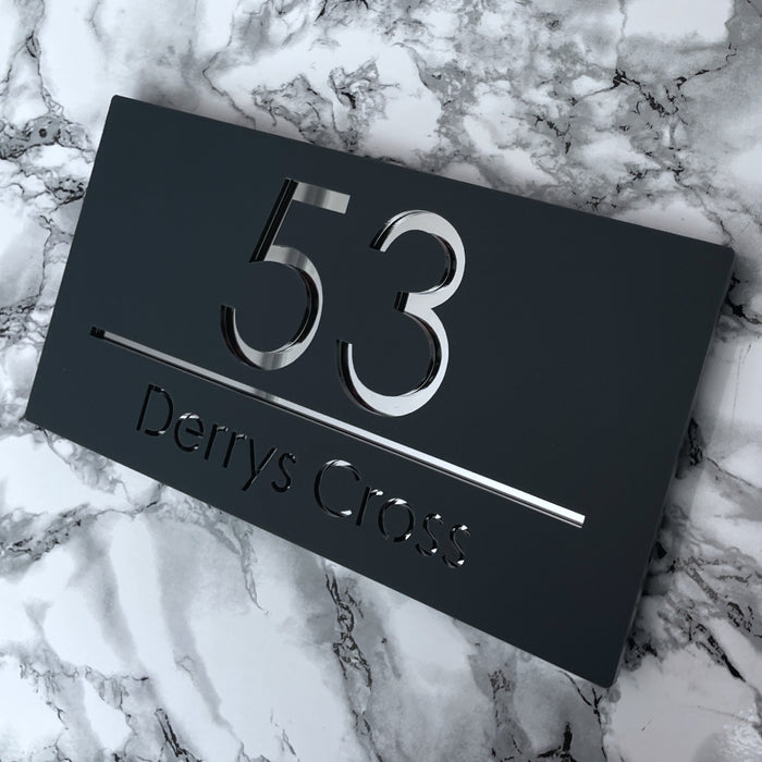 Premier House Number Sign Modern Floating Style Door Name Plaque - Silver & Grey (CENTRED TEXT)
