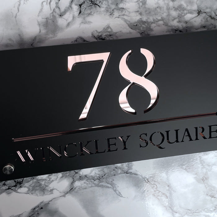 Majestic House Number Sign Modern Style Door Name Plaque - Black and Rose Gold Font (CENTRED TEXT)