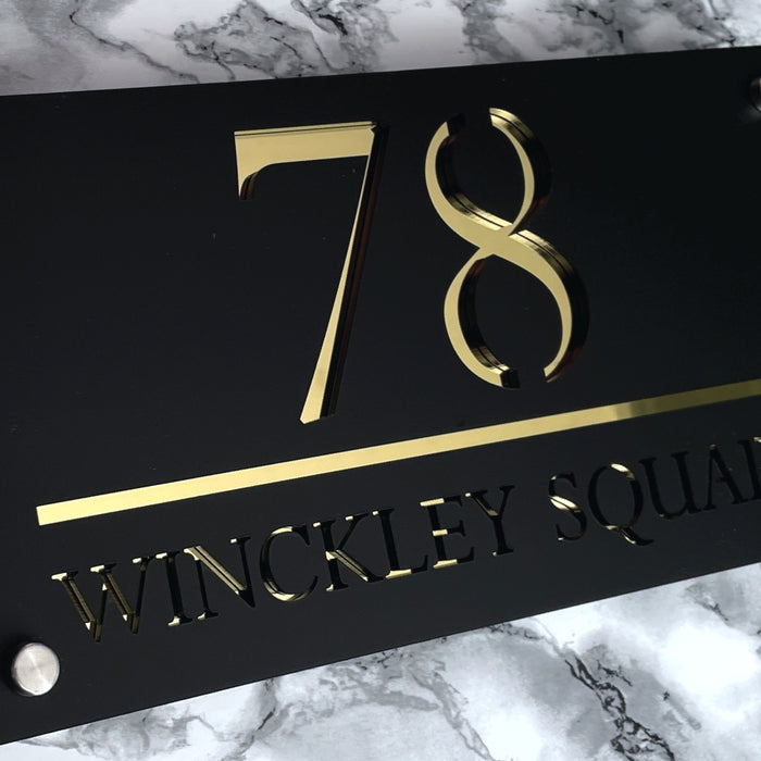 Majestic House Number Sign Modern Style Door Name Plaque - Black and Gold Font (CENTRED TEXT)
