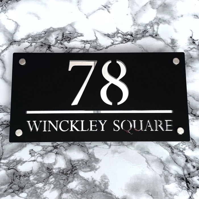 Majestic House Number Sign Modern Style Door Name Plaque - Black and Silver Font (CENTRED TEXT)