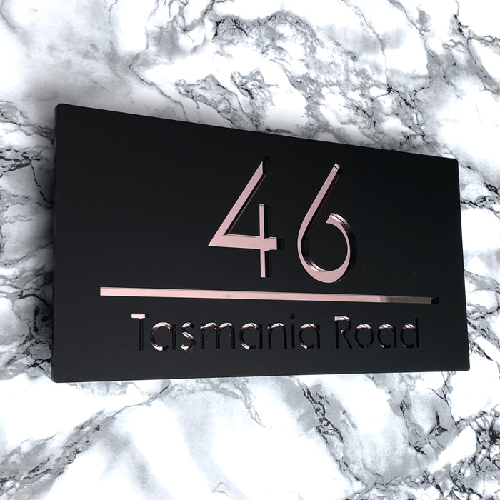 Premier House Number Sign Modern Floating Style Door Name Plaque - Rose Gold & Black (CENTRED TEXT)