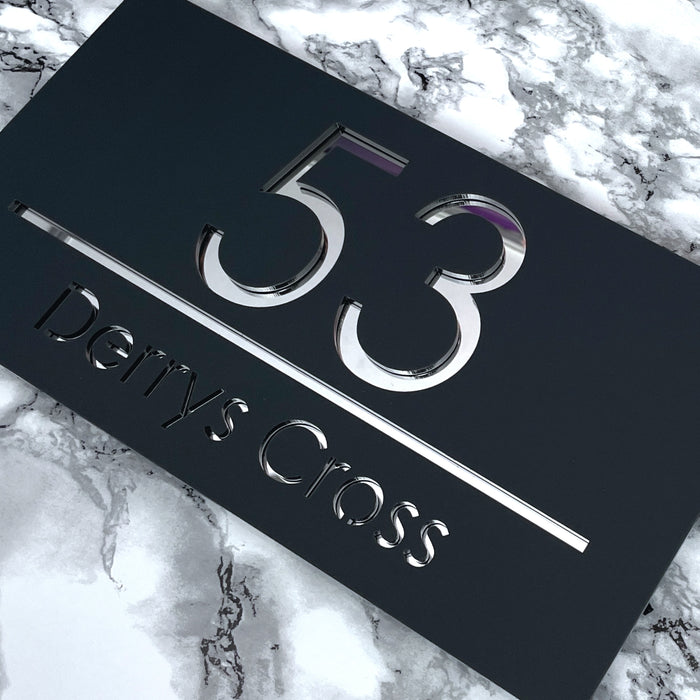 Premier House Number Sign Modern Floating Style Door Name Plaque - Silver & Grey (CENTRED TEXT)