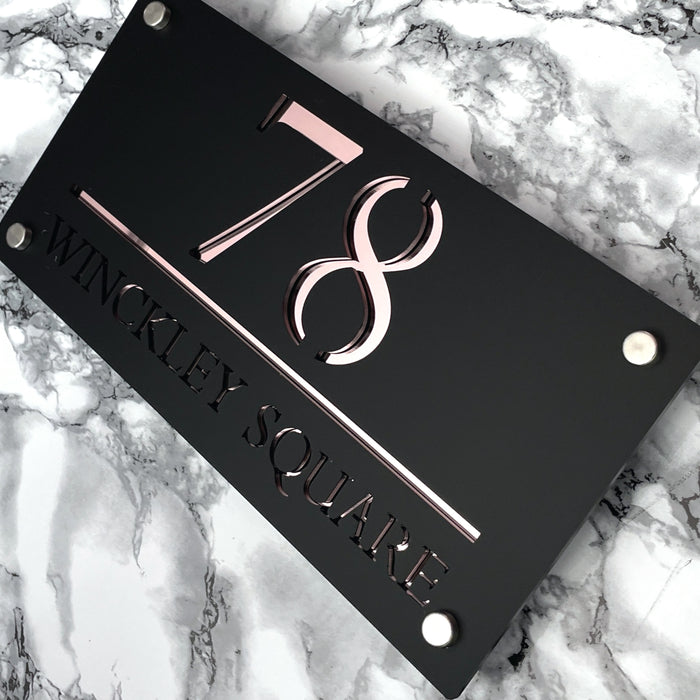 Majestic House Number Sign Modern Style Door Name Plaque - Black and Rose Gold Font (CENTRED TEXT)