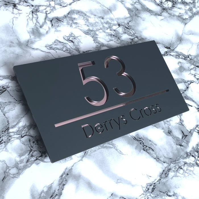 Premier House Number Sign Modern Floating Style Door Name Plaque - Rose Gold & Grey (CENTRED TEXT)
