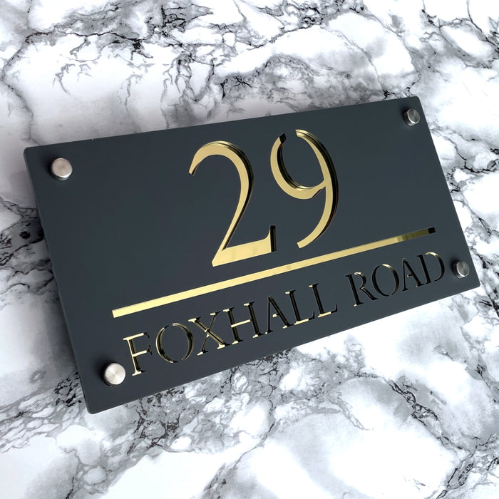 Majestic House Number Sign Modern Style Door Name Plaque - Grey and Gold Font (CENTRED TEXT)
