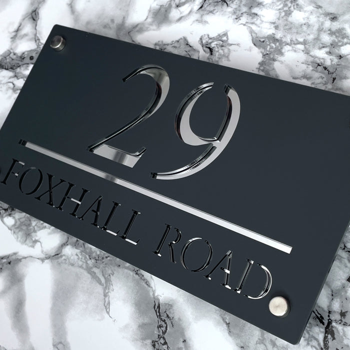 Majestic House Number Sign Modern Style Door Name Plaque - Grey and Silver Font (CENTRED TEXT)