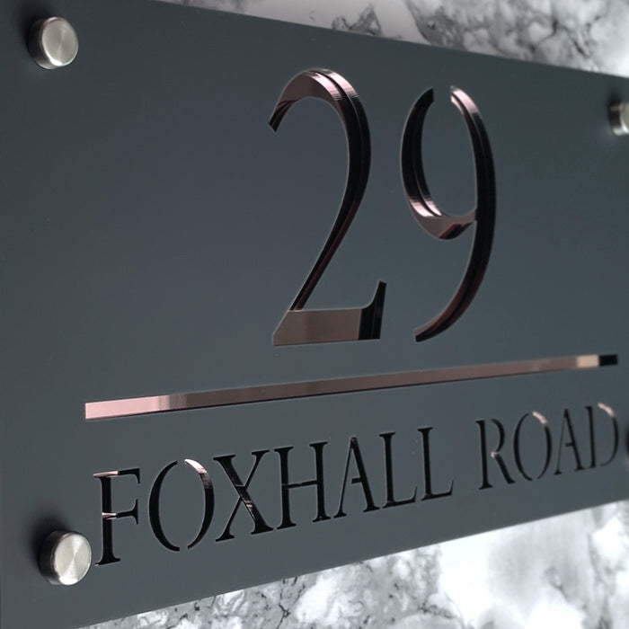 Majestic House Number Sign Modern Style Door Name Plaque - Grey and Rose Gold Font (CENTRED TEXT)