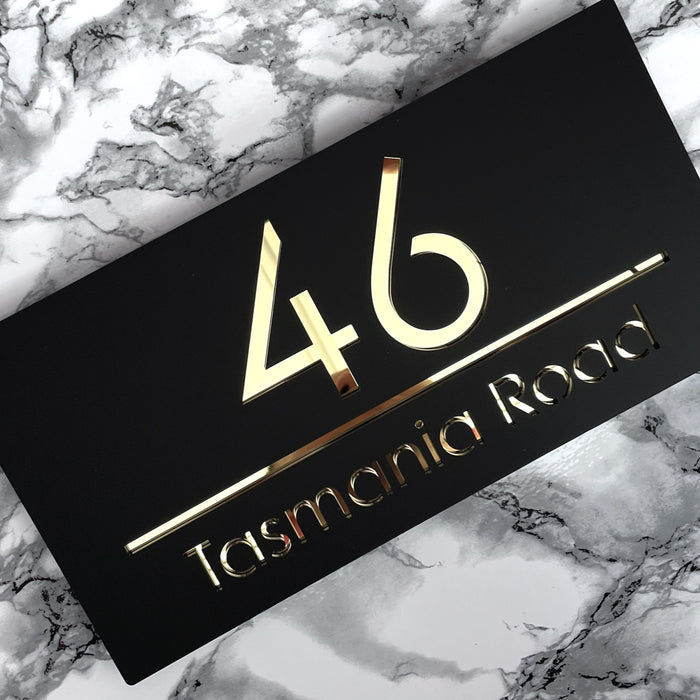 Premier House Number Sign Modern Floating Style Door Name Plaque - Gold & Black (CENTRED TEXT)