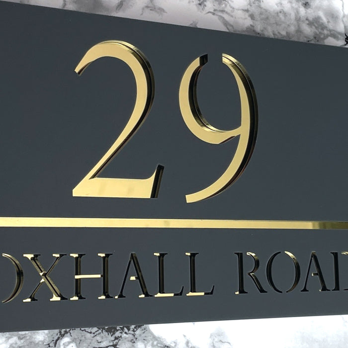 Majestic House Number Sign Modern Style Door Name Plaque - Grey and Gold Font (CENTRED TEXT)