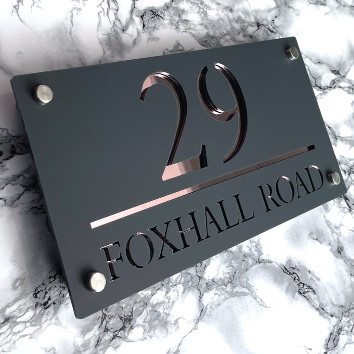 Majestic House Number Sign Modern Style Door Name Plaque - Grey and Rose Gold Font (CENTRED TEXT)