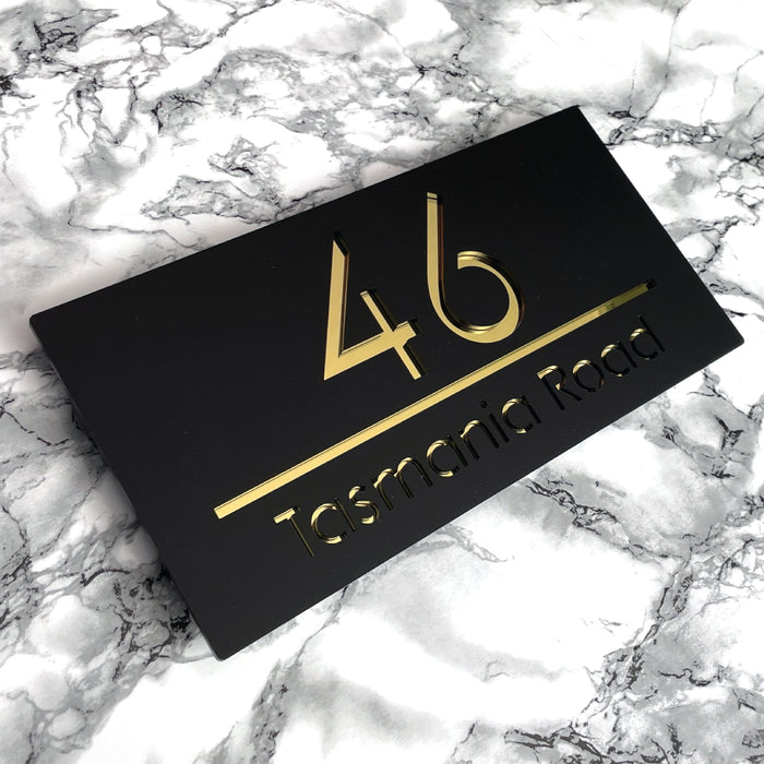 Premier House Number Sign Modern Floating Style Door Name Plaque - Gold & Black (CENTRED TEXT)