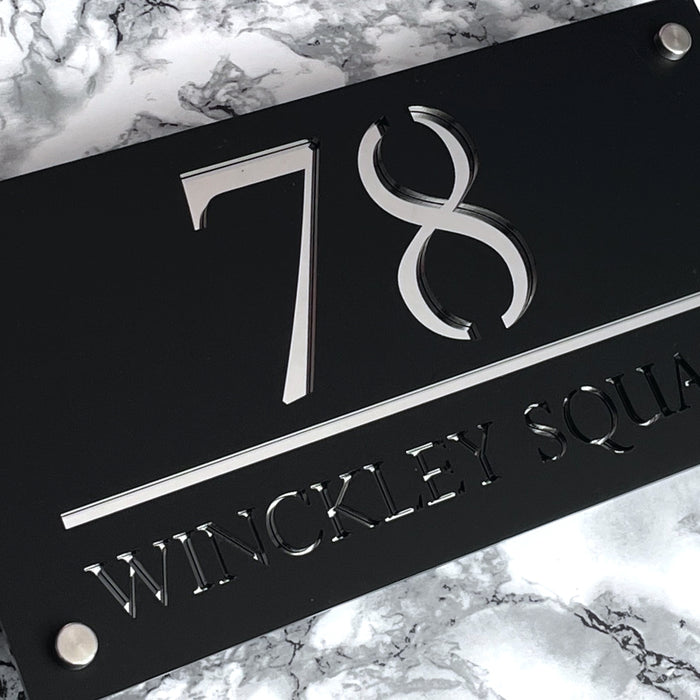 Majestic House Number Sign Modern Style Door Name Plaque - Black and Silver Font (CENTRED TEXT)