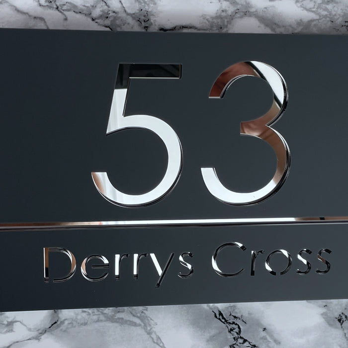 Premier House Number Sign Modern Floating Style Door Name Plaque - Silver & Grey (CENTRED TEXT)