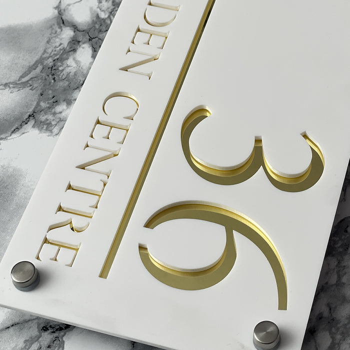 Majestic House Number Sign Modern Style Door Name Plaque - White and Gold Font