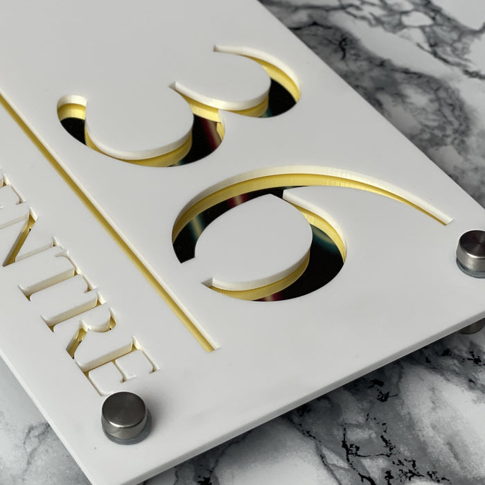 Majestic House Number Sign Modern Style Door Name Plaque - White and Gold Font
