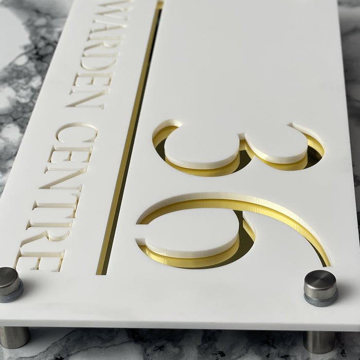 Majestic House Number Sign Modern Style Door Name Plaque - White and Gold Font