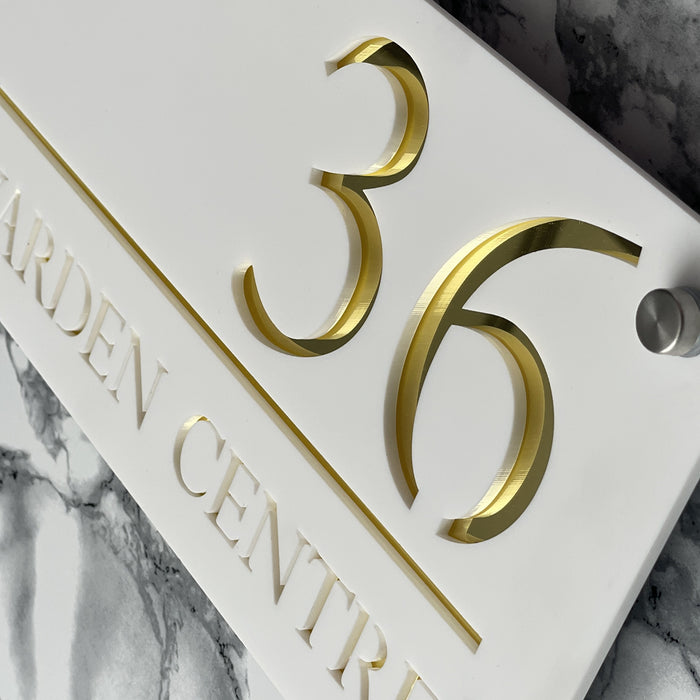 Majestic House Number Sign Modern Style Door Name Plaque - White and Gold Font