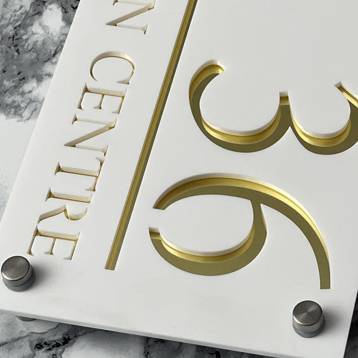Majestic House Number Sign Modern Style Door Name Plaque - White and Gold Font