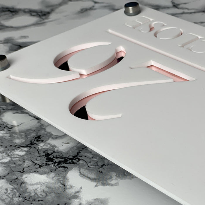 Majestic House Number Sign Modern Style Door Name Plaque - White and Rose Gold Font