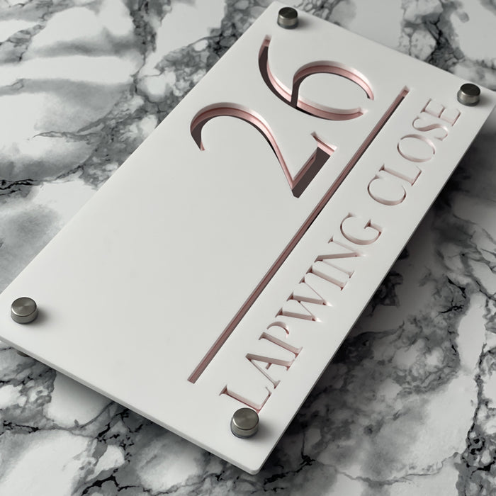 Majestic House Number Sign Modern Style Door Name Plaque - White and Rose Gold Font
