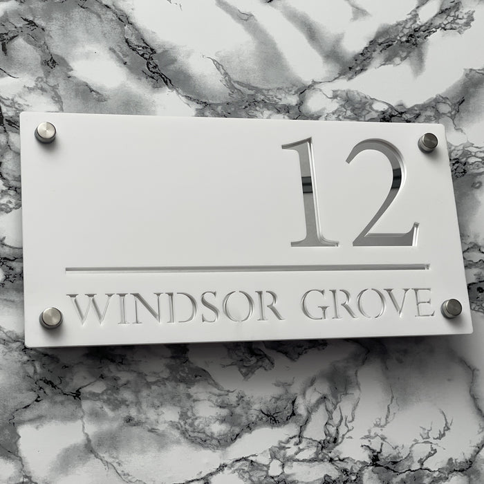 Majestic House Number Sign Modern Style Door Name Plaque - White and Silver Font