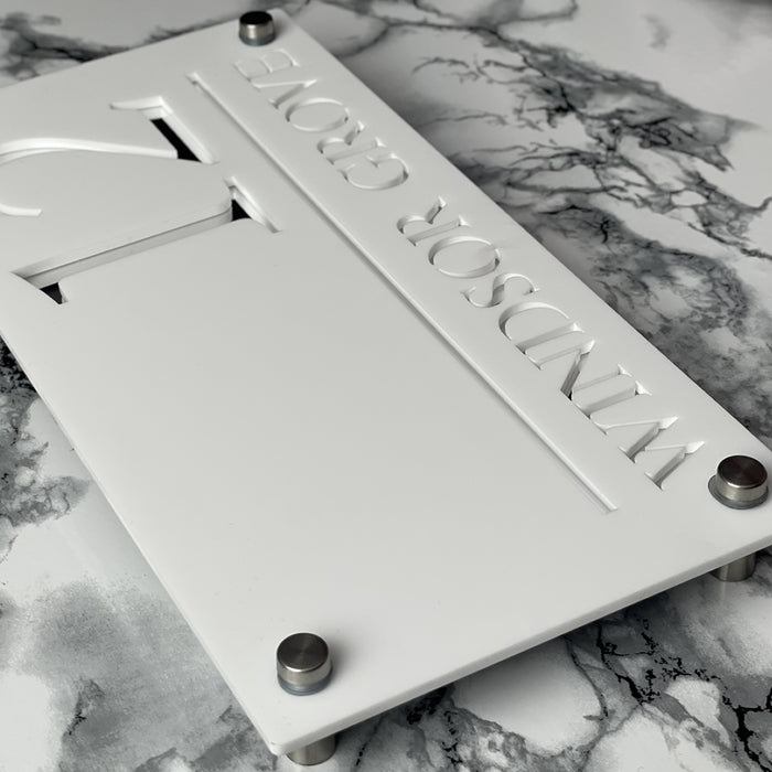 Majestic House Number Sign Modern Style Door Name Plaque - White and Silver Font