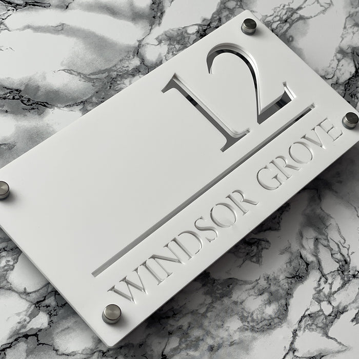 Majestic House Number Sign Modern Style Door Name Plaque - White and Silver Font