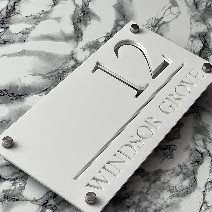Majestic House Number Sign Modern Style Door Name Plaque - White and Silver Font