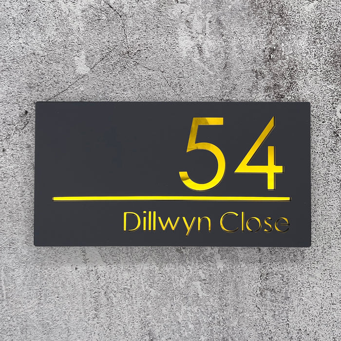 laser cut house number sign with gold mirror text