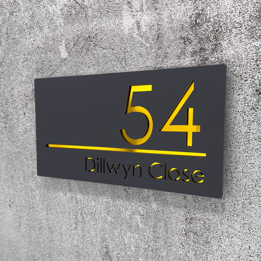 laser cut house number sign with gold mirror text