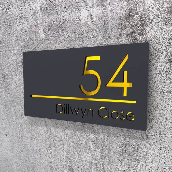 laser cut house number sign with gold mirror text