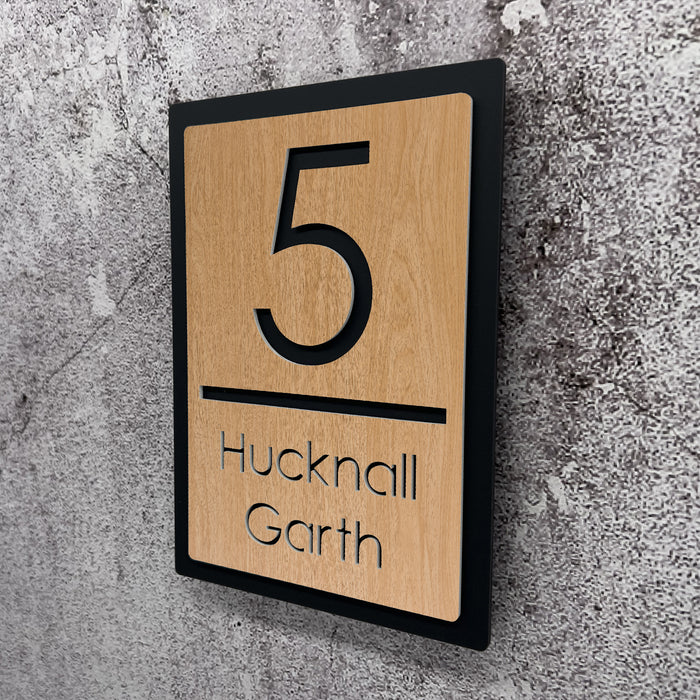 laser cut house number sign oak wood effect