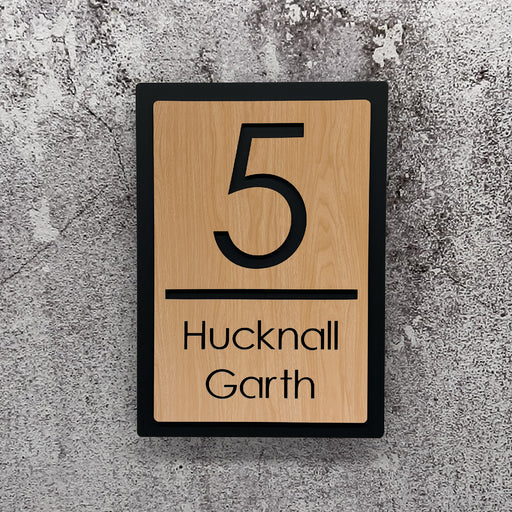 laser cut house number sign oak wood effect