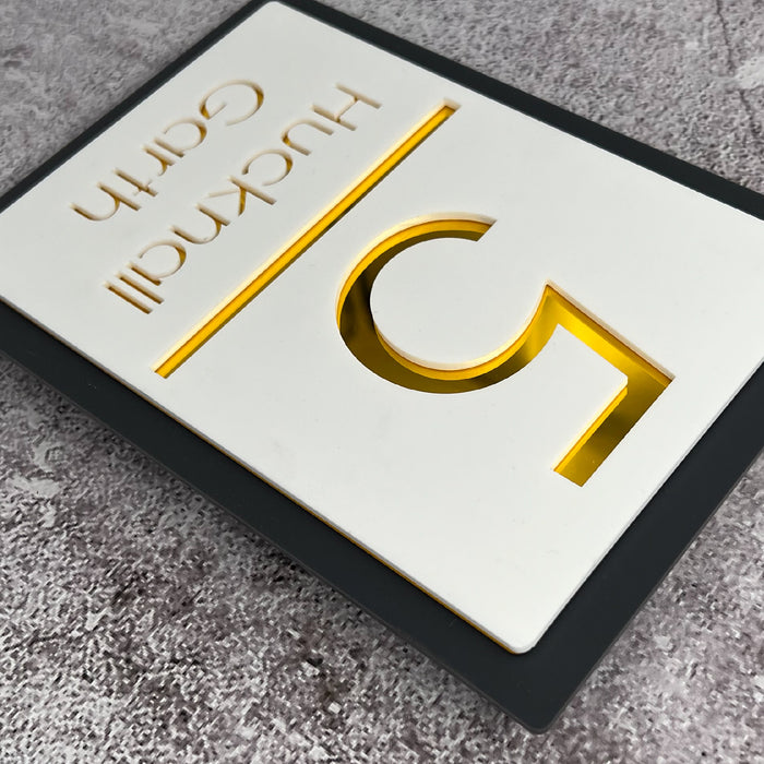 laser cut house sign black and white with gold mirror finish