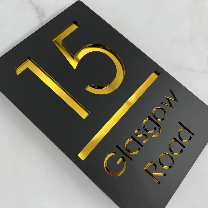 Esprit Modern House Number Sign Floating Style Door Name Plaque - Black and Gold