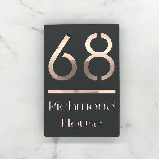 laser cut house sign with rose gold mirror finish