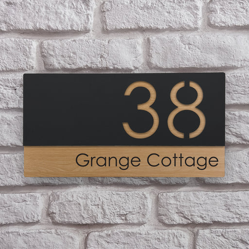 laser cut house number sign with oakwood effect