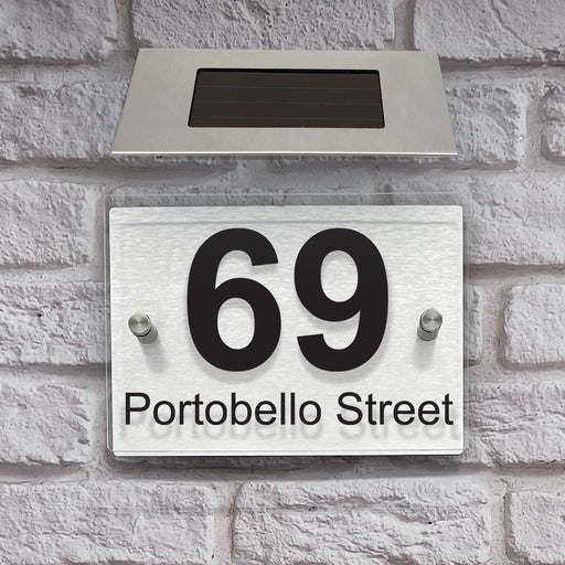 rectangle house number sign with brushed aluminium back panel and solar light