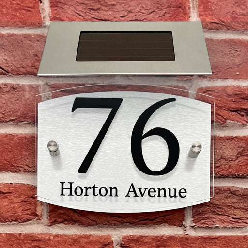 curve double acrylic house number sign brushed aluminium back with solar light