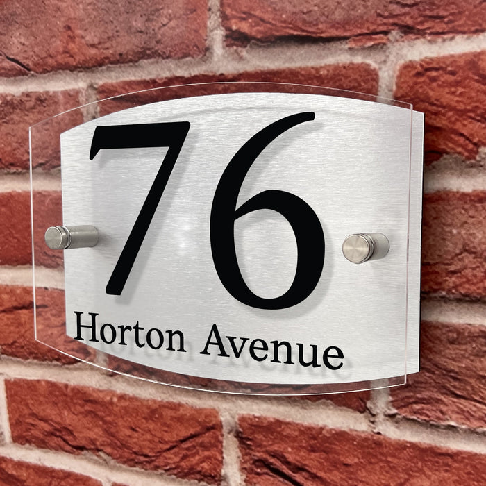 curve double acrylic house number sign brushed aluminium back