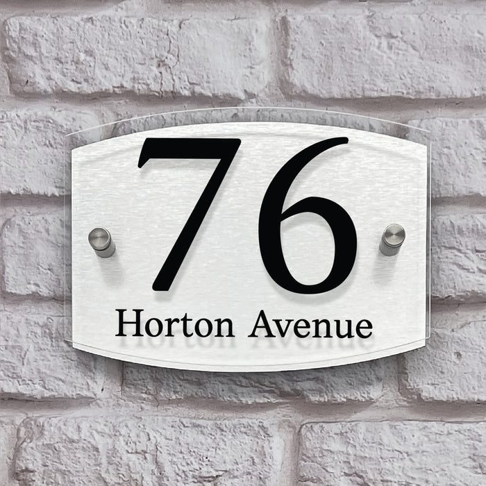 curve double acrylic house number sign brushed aluminium back