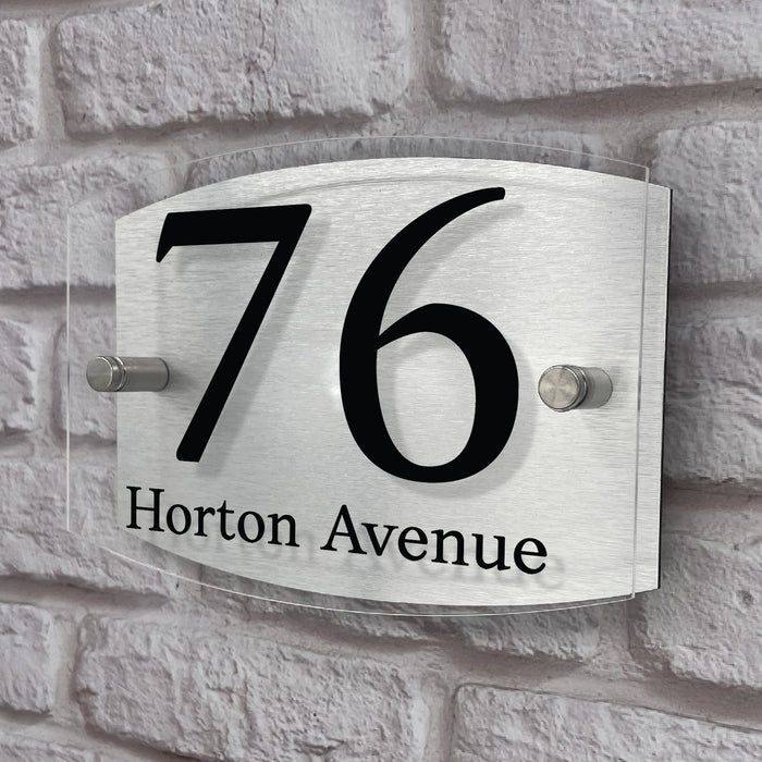 curve double acrylic house number sign brushed aluminium back