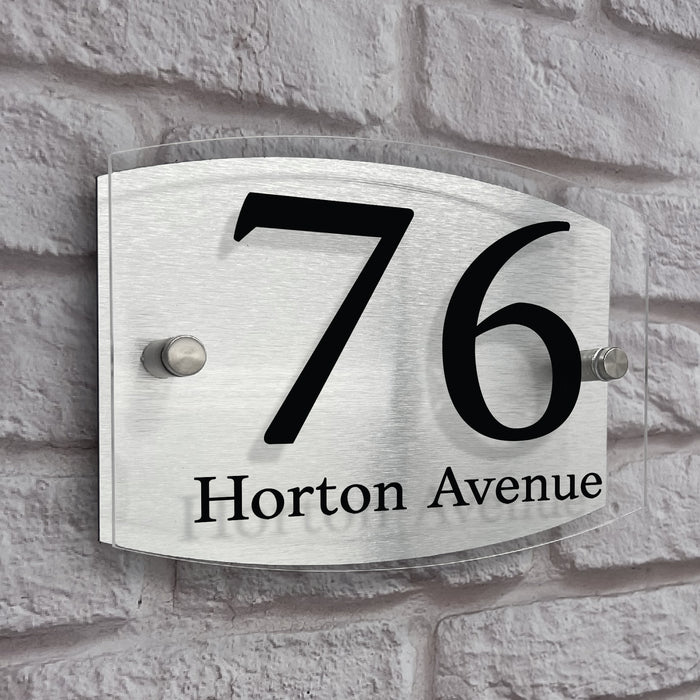 curve double acrylic house number sign brushed aluminium back