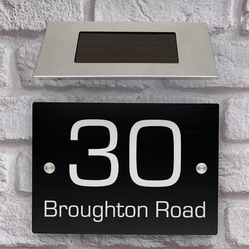 rectangle house number sign in high gloss black with solar light