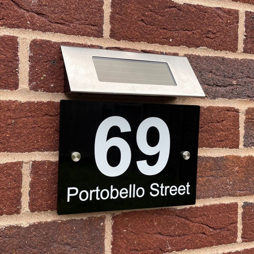 rectangle house number sign in high gloss black with solar light